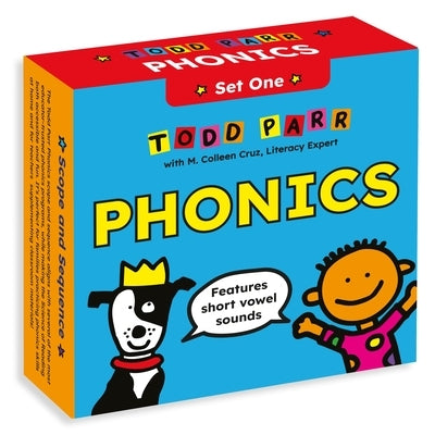 Set of 12 LB Kids Todd Parr Phonics paperback books focusing on short vowel sounds for new readers, featuring colorful covers.