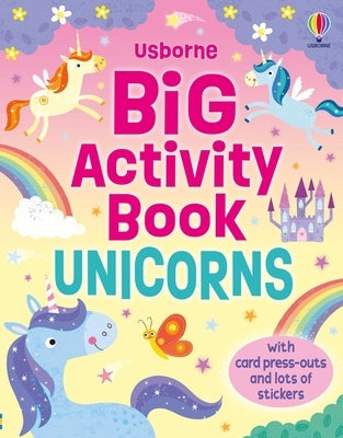 Open paperback activity book featuring unicorn illustrations and puzzles by Usborne Books for young children.