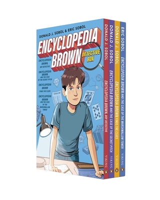 Encyclopedia Brown Detective Box Set with four paperback books by Viking Books for Young Readers, featuring colorful covers.