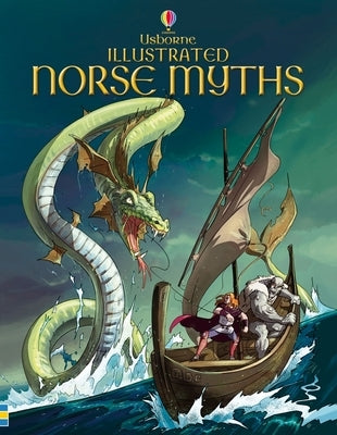 Illustrated Norse Myths paperback book by Usborne Books featuring colorful mythological scenes on the cover.
