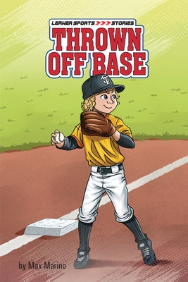 Paperback book "Thrown Off Base" by Lerner Publications, featuring a dynamic cover design with vibrant colors and imagery.
