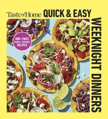 Paperback cookbook titled "Taste of Home Quick & Easy Weeknight Dinners" with colorful food photos and recipe pages.