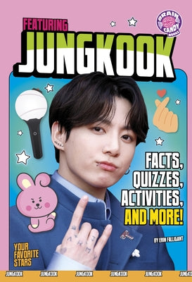 Paperback book titled "Featuring Jungkook" by Capstone Press with colorful cover art showcasing images of Jungkook from BTS.