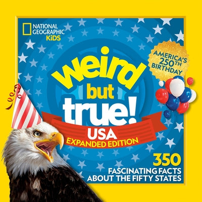 Paperback copy of Weird But True! USA: Expanded Edition by National Geographic Kids featuring colorful cover with state facts and illustrations.