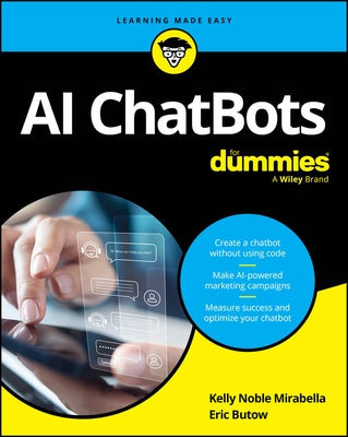 Paperback book titled "AI Chatbots for Dummies" by For Dummies, featuring a cover with a chatbot illustration and technical graphics.