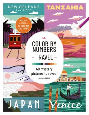 Color by Numbers Travel paperback book showing 40 mystery picture pages for coloring and revealing travel-themed images.