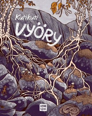 Paperback book titled Vyöry by Living the Line, featuring a colorful cover design, resting on a wooden surface.