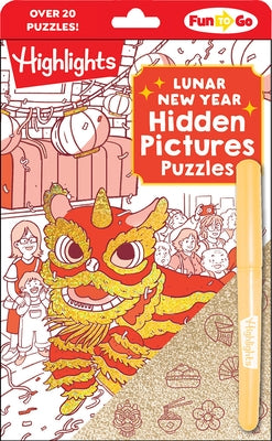 Paperback Lunar New Year Hidden Pictures puzzle book for kids with over 300 objects, gold stickers, and festive holiday scenes.