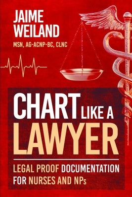 Paperback "Chart Like a Lawyer" legal-proof documentation book for nurses and NPs by Legal NP, featuring sample legal charting pages.