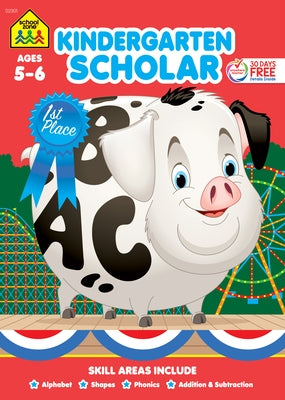 School Zone Kindergarten Scholar Workbook in paperback, featuring colorful pages with educational activities for early learners.
