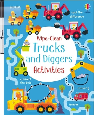 Paperback Wipe-Clean Trucks and Diggers Activities book by Usborne Books with colorful illustrations of construction vehicles.