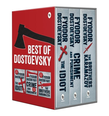 Fingerprint The Best of Dostoevsky boxed set of paperback books featuring Crime and Punishment, The Idiot, and Brothers Karamazov by Fyodor Dostoevsky