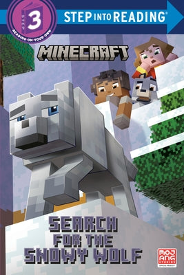 Paperback book titled "Search for the Snowy Wolf" from Minecraft, featuring a snowy wolf on the cover.