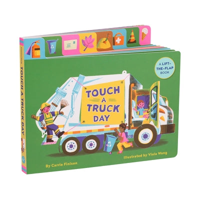Paperback "Touch a Truck Day" lift-the-flap book by Chronicle Books, featuring colorful truck illustrations and interactive flaps.