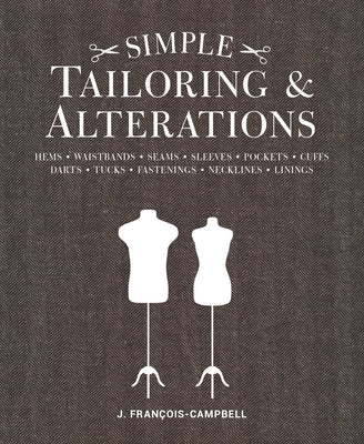 Paperback book on tailoring and alterations showing sewing tools, fabric swatches, and sewing patterns for hems, waistbands, and cuffs.