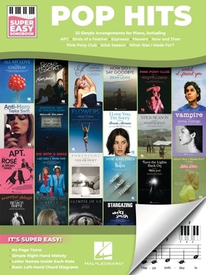 Paperback Pop Hits songbook by Hal Leonard with 22 simple arrangements and lyrics of popular songs, featuring colorful cover art.