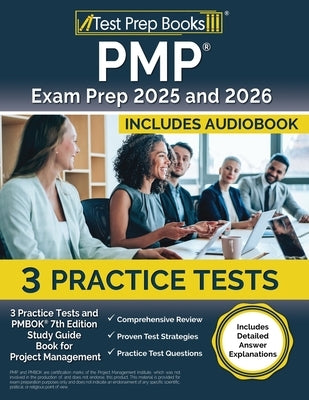 Test Prep Books PMP Exam Prep 2025 and 2026 paperback with practice tests and PMBOK 7th Edition study guide, showing the book cover.