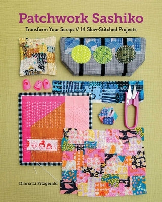 Paperback book titled "Patchwork Sashiko" by Stash Books featuring colorful patchwork and sashiko stitching with project images inside.