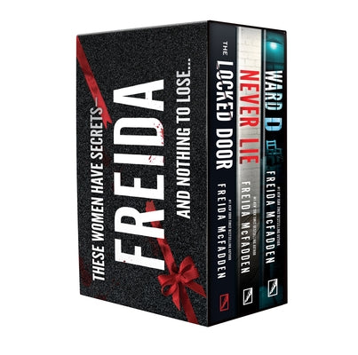 Paperback boxed set of three Freida McFadden novels including Never Lie, Ward D, and Locked Door, published by Poisoned Pen Press.