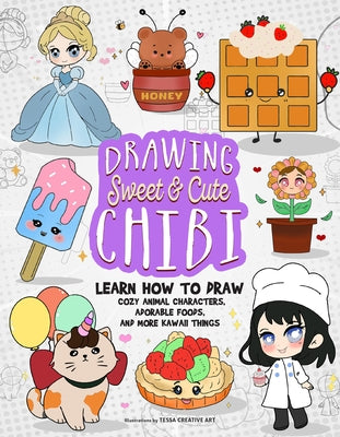 Paperback book titled "Drawing Sweet and Cute Chibi" by Ulysses Press showing colorful chibi animal and food character illustrations.