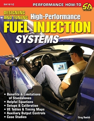 Paperback book titled "Designing and Tuning High-Performance Fuel Injection Systems" by Sa Design, featuring technical diagrams.