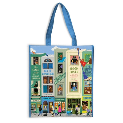 Galison Main Street Books reusable shopping bag with paperback book illustration, eco-friendly and durable for everyday use.