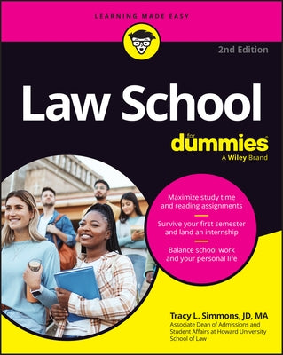 Paperback copy of Law School for Dummies by For Dummies, featuring a colorful cover with legal-themed illustrations.