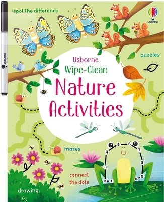 Wipe-clean nature activities paperback book by Usborne Books featuring outdoor scenes and educational activities for children.