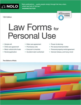 Paperback law forms for personal use by NOLO, showing legal document templates and sample pages inside.