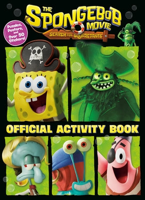 Open paperback activity book featuring SpongeBob SquarePants with puzzles, posters, and over 50 stickers from Golden Books.