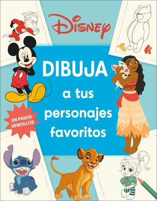 Paperback book titled "Disney Dibuja a Tus Personajes Favoritos" by DK Publishing, showing colorful cover with Disney characters.