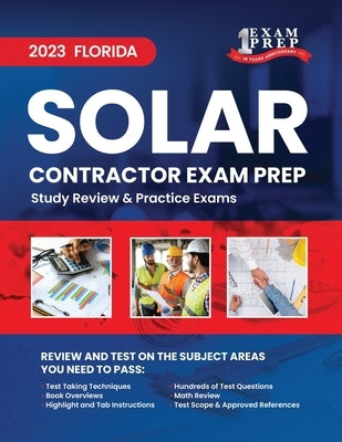 Paperback book titled "2023 Florida Solar Contractor Exam Prep," featuring study review and practice exams for solar contractor certification.