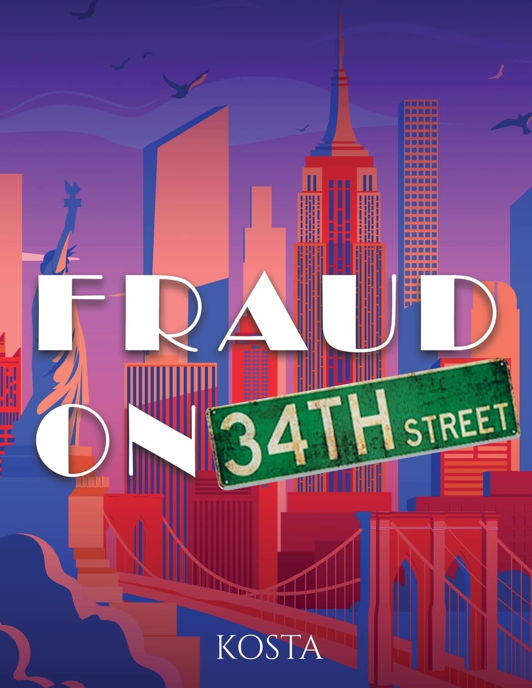 Kosta paperback book titled "Fraud on 34th Street" featuring a cover image with urban scene and holiday decorations.