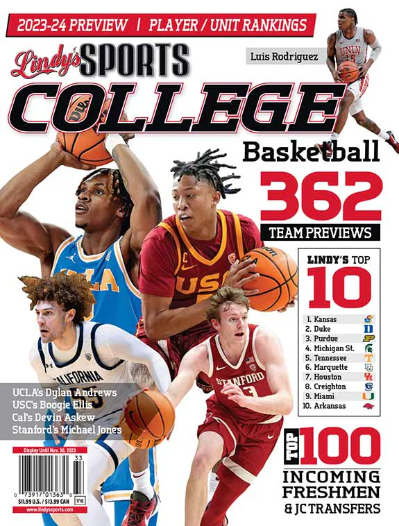 Lindys Sports College Basketball Magazine 2025-2026 featuring vibrant cover images and basketball action photos.