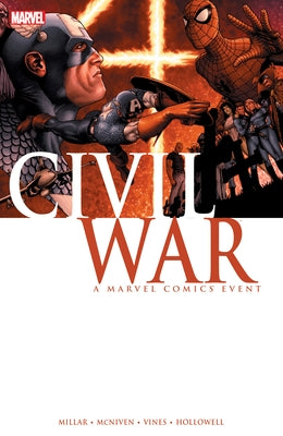 Paperback Marvel Universe Civil War comic book featuring iconic superhero characters in a dynamic action scene.