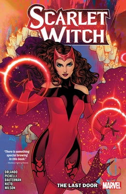 Paperback Marvel Universe comic book featuring Scarlet Witch by Steve Orlando, Volume 1: The Last Door with vibrant comic art.