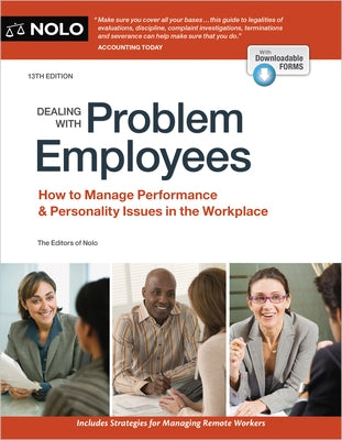 Paperback book titled "Dealing with Problem Employees" by NOLO, featuring a cover with workplace performance and personal issue management.