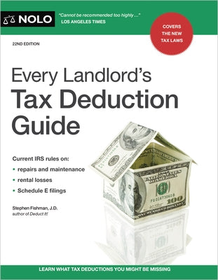 Paperback of NOLO's Every Landlord's Tax Deduction Guide, featuring a clear cover design and title for rental property tax tips.