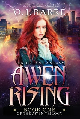 Paperback copy of "Awen Rising," Book One of the Awen Trilogy by Peacemakers Publishing with a dark cover and gold lettering.