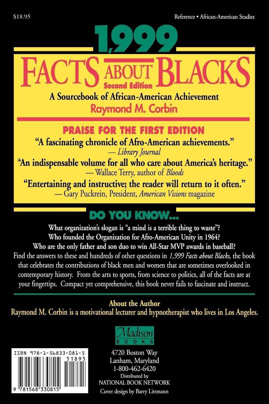 Cover image of "1,999 Facts About Blacks" book by Raymond M. Corbin, featuring the book title and author name on the cover.
