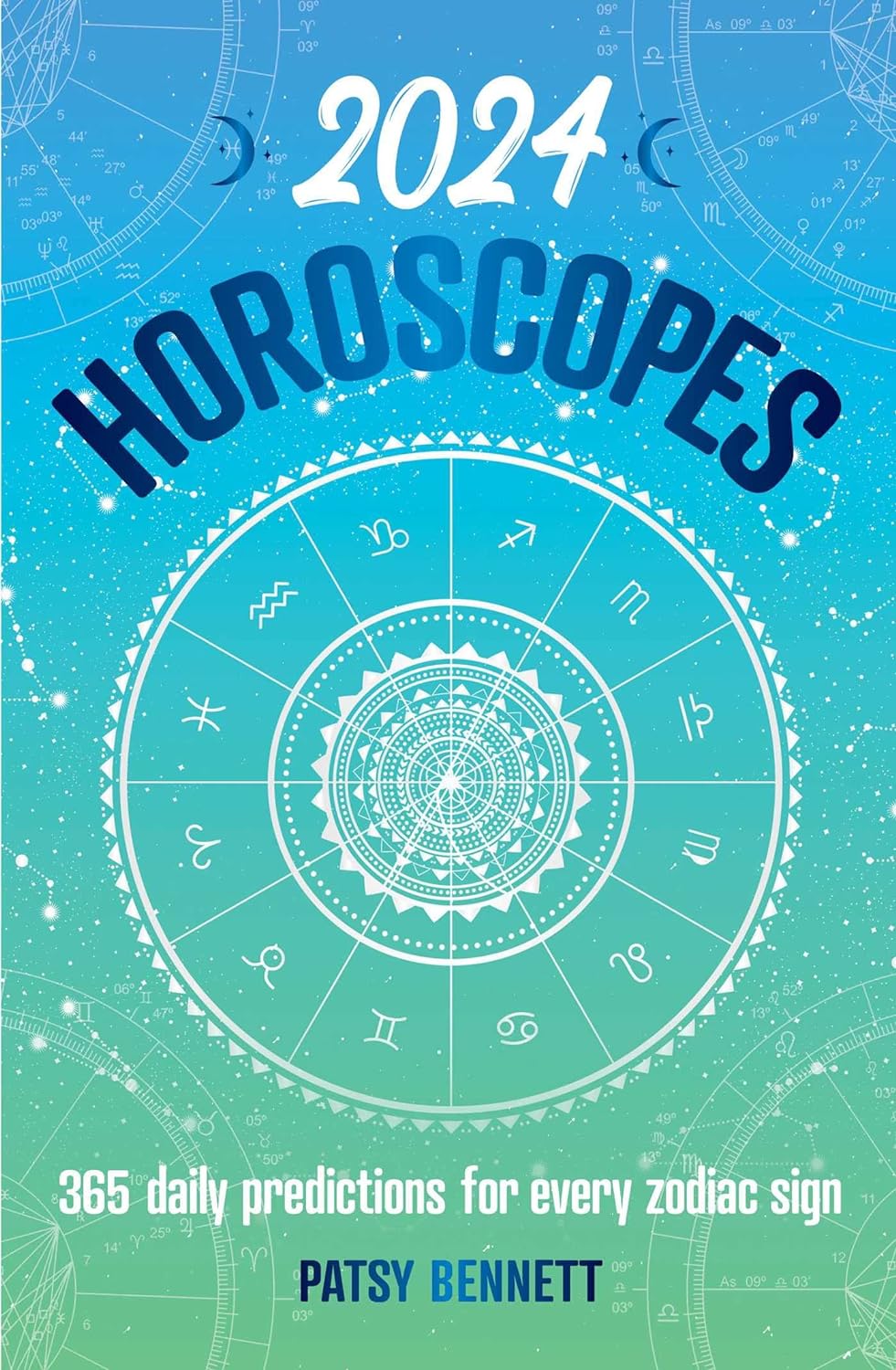 Paperback book titled "2024 Horoscopes: 365 Daily Predictions for Every Zodiac Sign" by Rockpool Publishing with zodiac signs on the cover