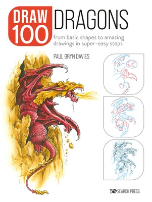 Paperback book titled "Draw 100 Dragons" by Search Press showing colorful dragon illustrations on the cover.