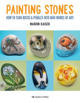 Paperback book titled "Painting Stones" by Search Press showing colorful painted rocks and pebbles on the cover.