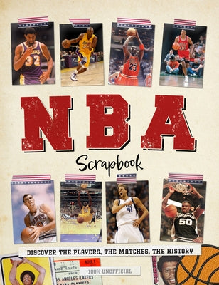Hardcover NBA Scrapbook by Sona Books featuring pages on players, matches, and basketball history.