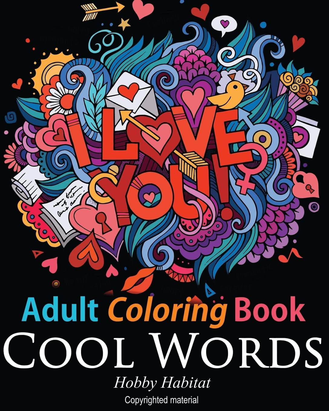 Adult coloring book titled "Cool Words" by SureShot Books Publishing, featuring intricate designs for relaxing coloring activities.
