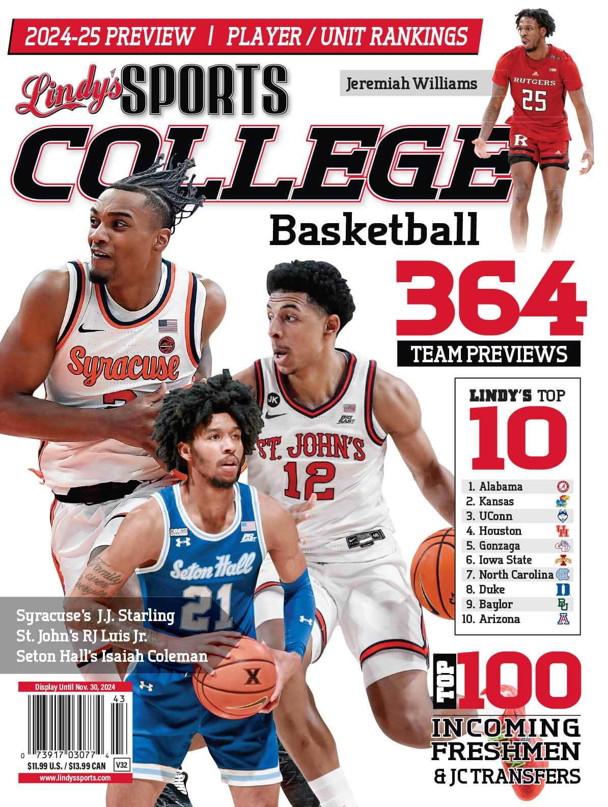 Lindy's Sports College 2025-26 basketball magazine by SureShot Books Publishing LLC with NCAA teams and player images.