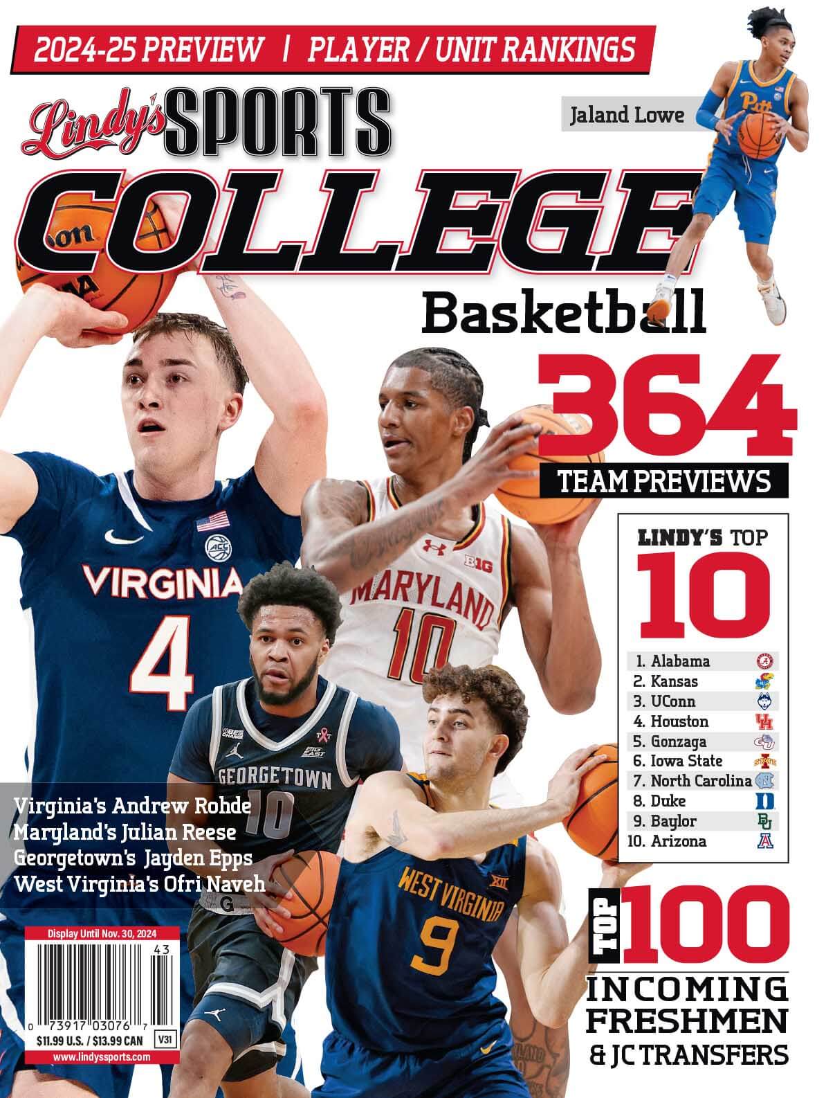 Lindy's Sports College 2025-26 basketball magazine by SureShot Books, featuring college basketball teams and players on the cover.