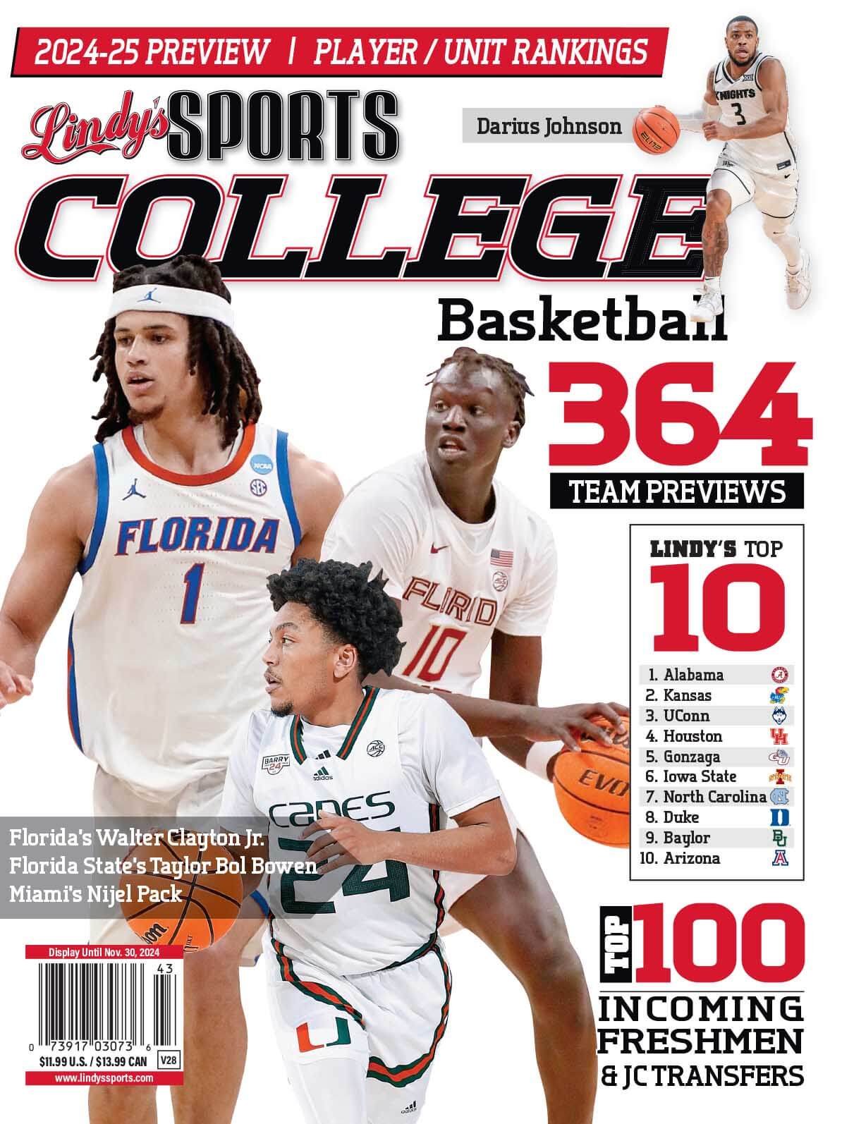 Lindy's Sports College 2025-26 basketball magazine by SureShot Books Publishing LLC featuring college basketball teams and players.