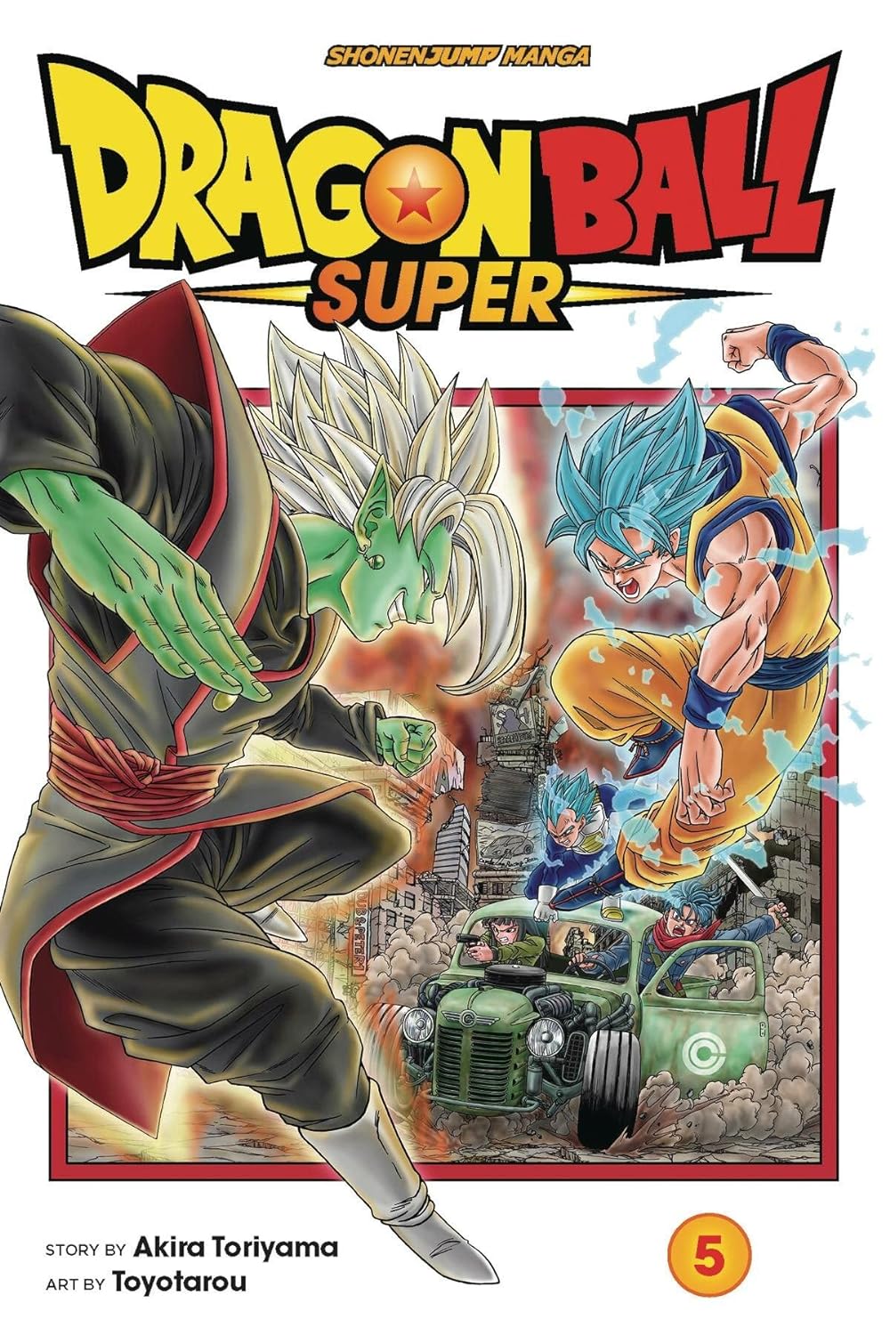 Dragon Ball Super Volume 5 manga book with colorful cover art featuring Goku and characters from the series.