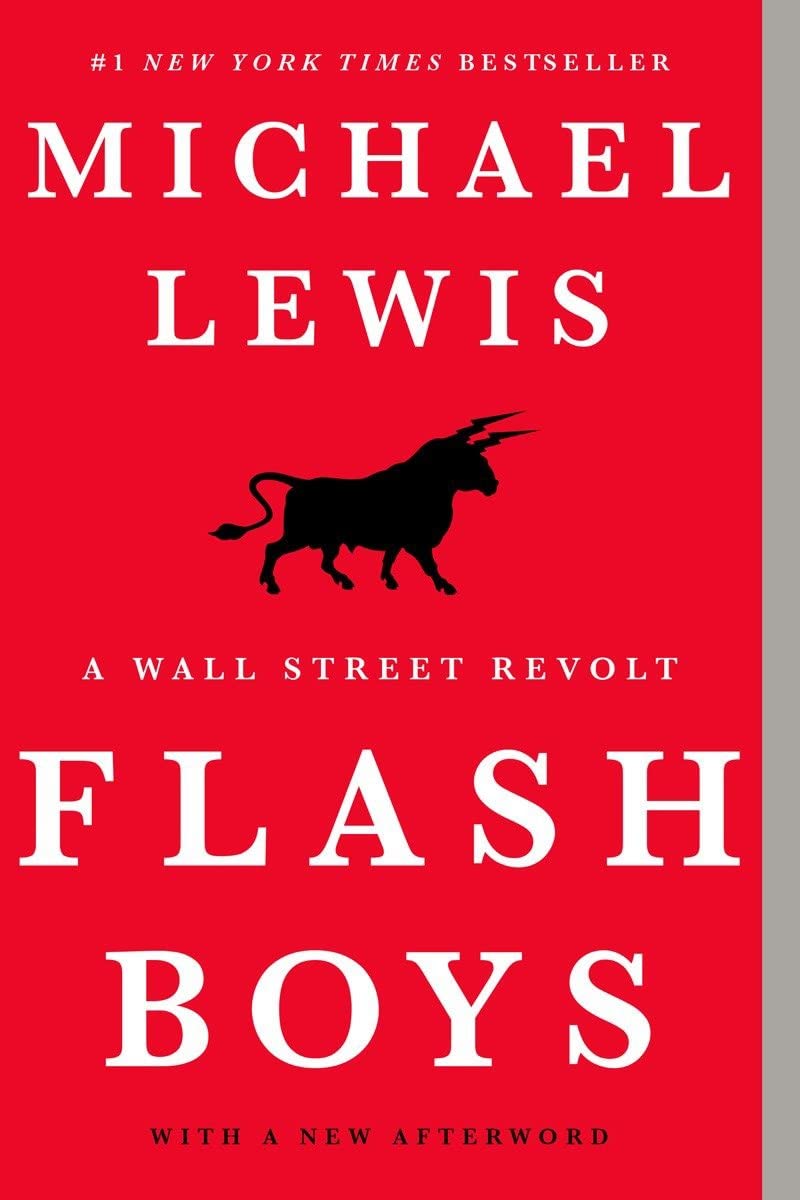 Cover image of "Flash Boys: A Wall Street Revolt" book by Sureshot Books, featuring a dynamic title design and financial graphics.